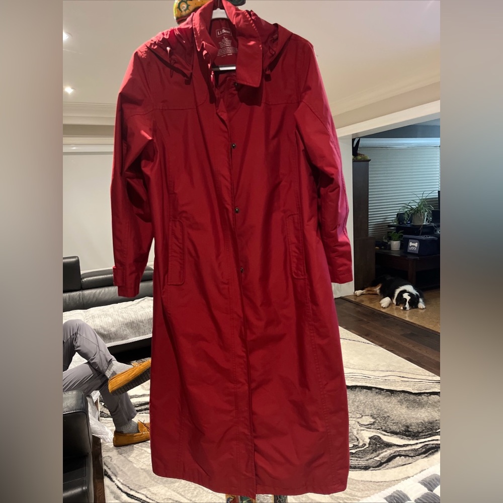 LL Bean Trench Rain Jacket Womens Large Petite Red Hooded REG OJPT5